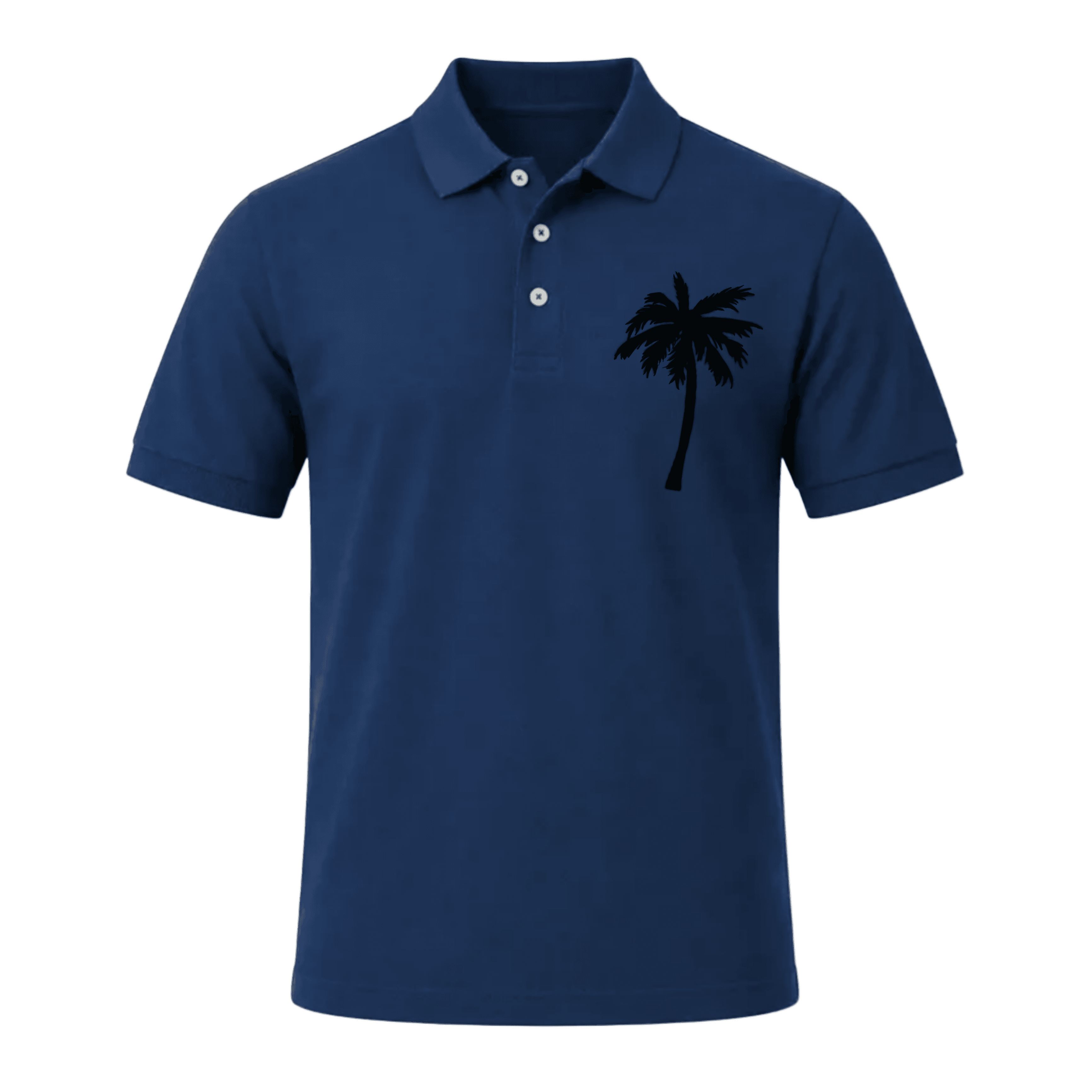 Playera tipo polo azul marino con estampado de palmera