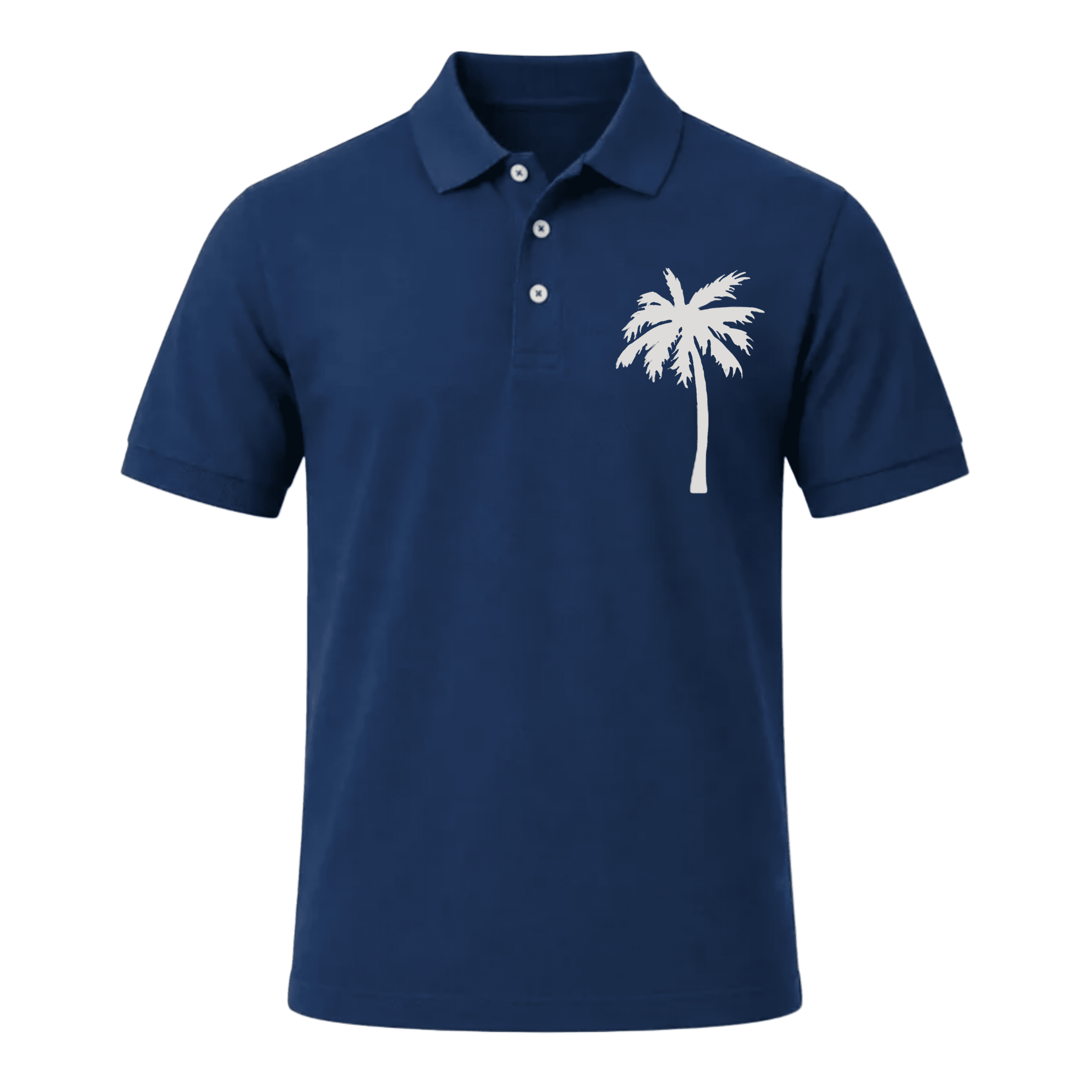 Playera tipo polo azul marino con estampado de palmera