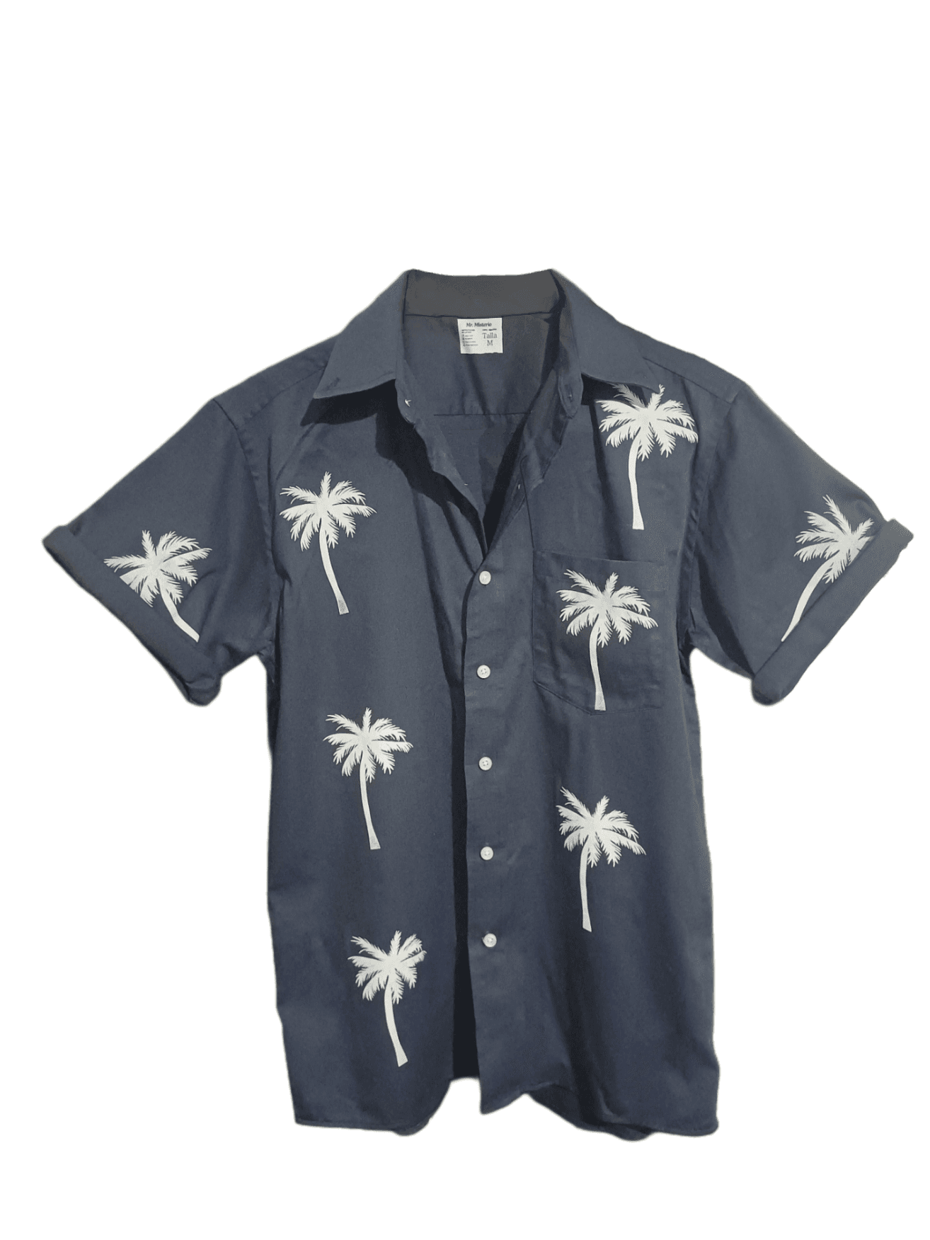 Camisa hawaiana azul marino con palmeras